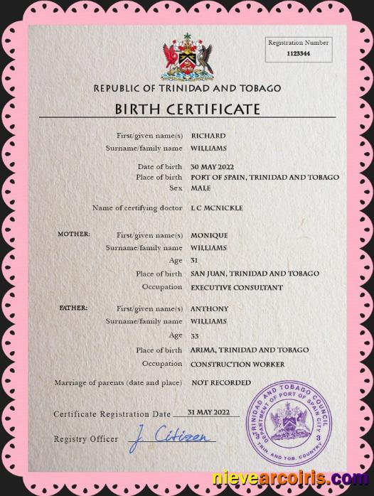 Trinidad and Tobago vital record birth certificate